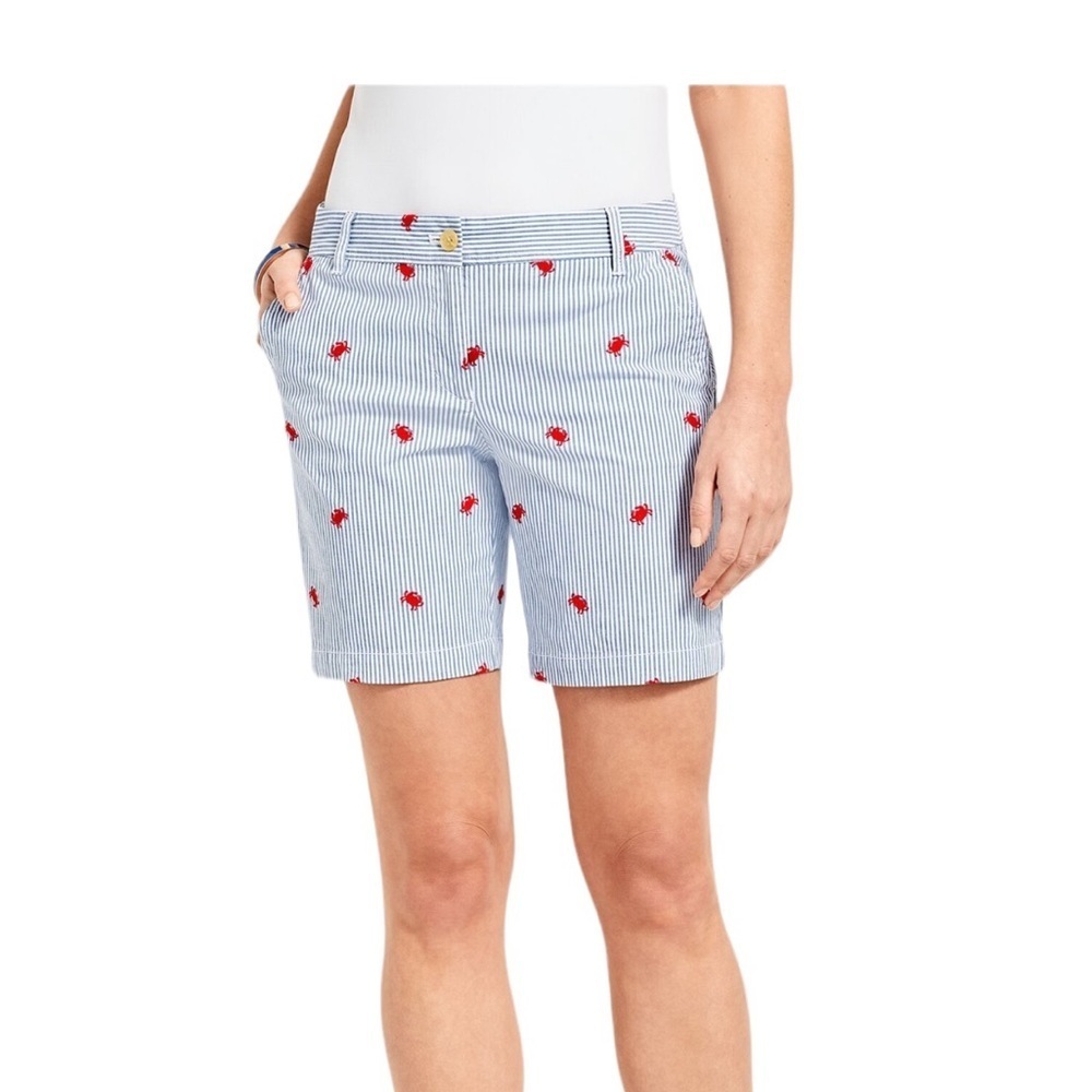 Talbots Girlfriend Chino Shorts Size 2 petite Blue White Striped Crabs 7"